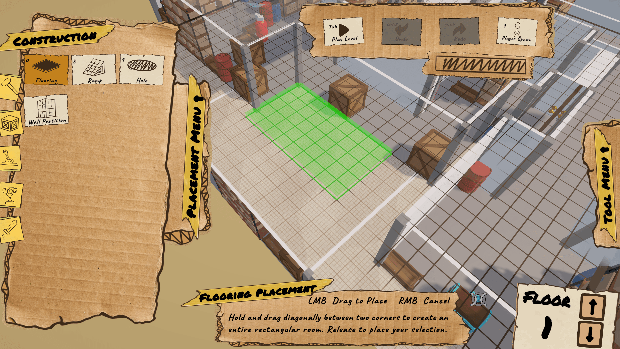 Build-Modus von Cardboard Catacombs beim Platzieren eines Bodens im Leveleditor