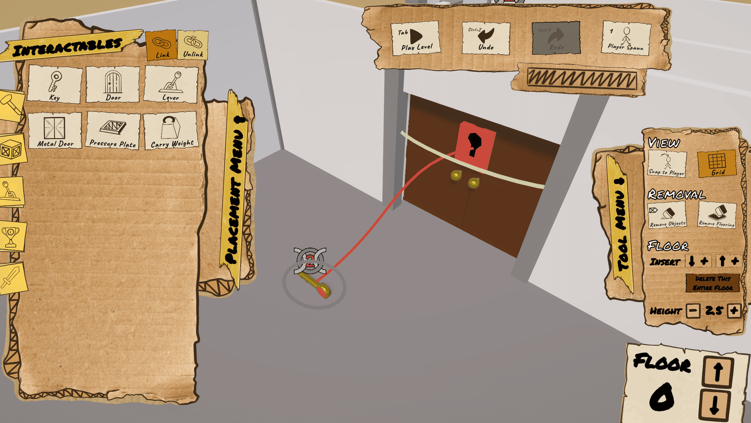 Build-Modus von Cardboard Catacombs mit einem Schlüssel, der mit einer interaktiven Tür verbunden ist