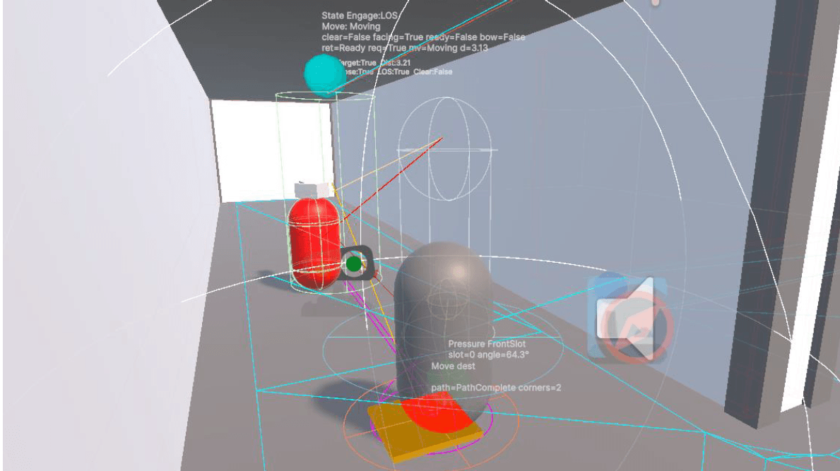 Cardboard Catacombs enemy tactical analysis and navigation debugging view